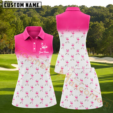 Maxcorners Hot Pink White Flamingo Birdie Golf Personalized Name 3D Golf Shirt and Golf Skirt