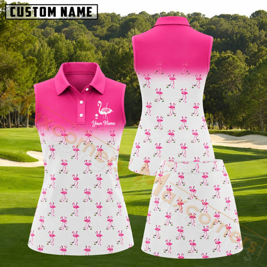 Maxcorners Hot Pink White Flamingo Birdie Golf Personalized Name 3D Golf Shirt and Golf Skirt