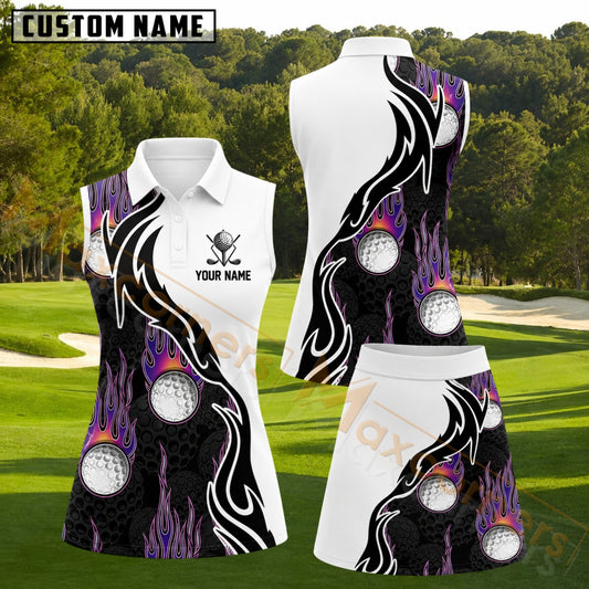 Maxcorners White Black Purple Flame Golf Ball Personalized Name 3D Golf Shirt and Golf Skirt