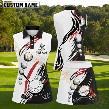 Maxcorners Black White Red Golf Ball and Club Swirl Personalized Name 3D Golf Shirt and Golf Skirt