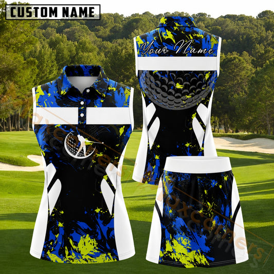Maxcorners Black White Blue Neon Yellow Paint Splash Golf Ball Personalized Name 3D Golf Shirt and Golf Skirt