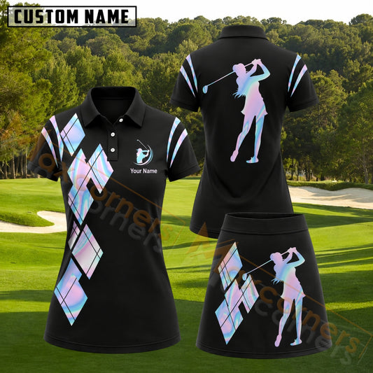 Maxcorners Black Pastel Rainbow Argyle Female Golfer Personalized Name 3D Golf Shirt and Golf Skirt
