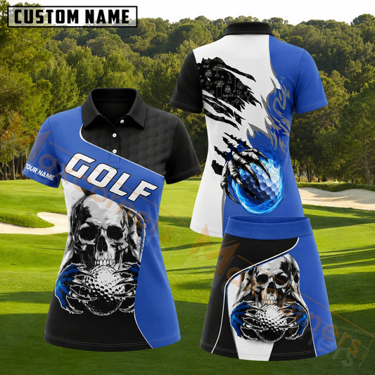 Maxcorners Blue Black White Skull Claw Golf Ball Personalized Name 3D Golf Shirt and Golf Skirt