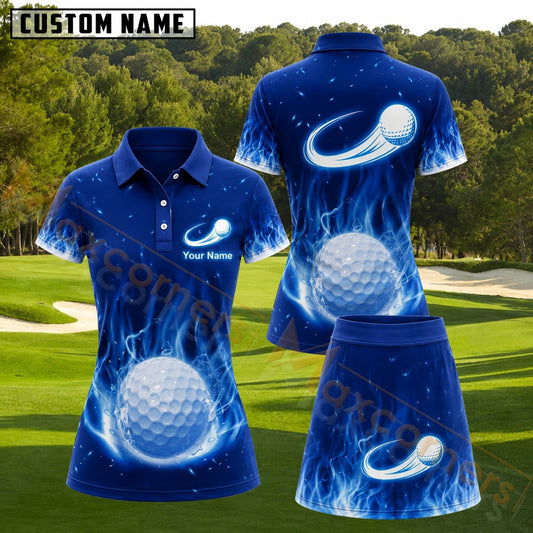 Maxcorners Royal Blue White Flaming Golf Ball Personalized Name 3D Golf Shirt and Golf Skirt