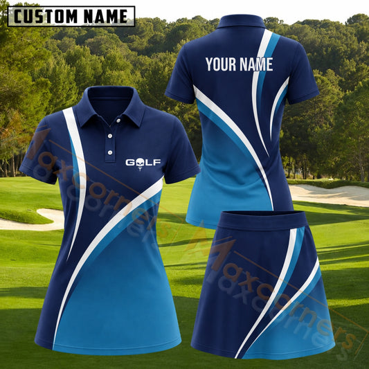 Maxcorners Navy Blue Cyan White Abstract Stripe Golf Personalized Name 3D Golf Shirt and Golf Skirt