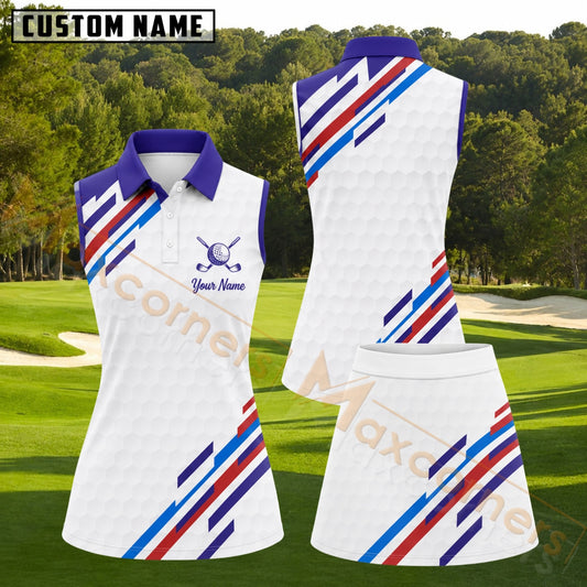 Maxcorners White Purple Red Blue Geometric Stripe Golf Personalized Name 3D Golf Shirt and Golf Skirt