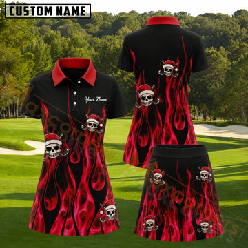 Maxcorners Black Red Flame Christmas Skull Golf Personalized Name 3D Golf Shirt and Golf Skirt