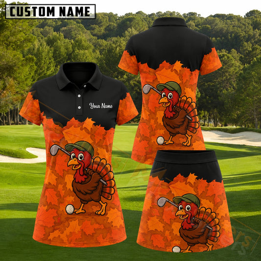 Maxcorners Black Orange Thanksgiving Turkey Golfer Autumn Leaves Personalized Name 3D Golf Shirt and Golf Skirt