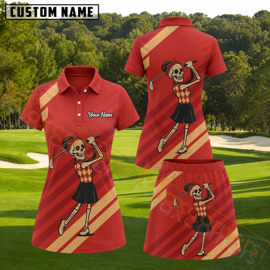 Maxcorners Red Beige Skeleton Lady Golfer Personalized Name 3D Golf Shirt and Golf Skirt