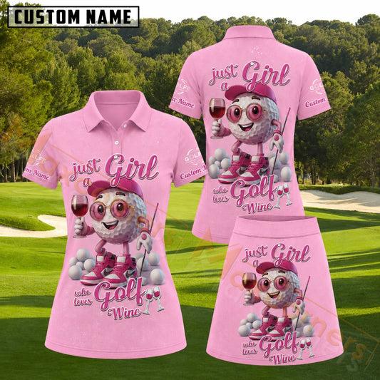 Maxcorners Pink Golf Ball Girl Wine Lover Personalized Name 3D Golf Shirt and Golf Skirt