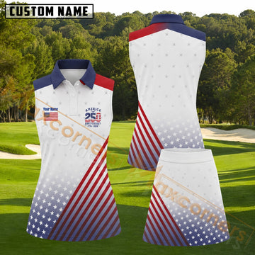 Maxcorners American 250th Anniversary Red White Blue Stars and Stripes Personalized Name 3D Golf Shirt and Golf Skirt