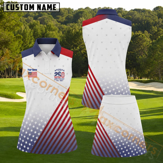 Maxcorners American 250th Anniversary Red White Blue Stars and Stripes Personalized Name 3D Golf Shirt and Golf Skirt