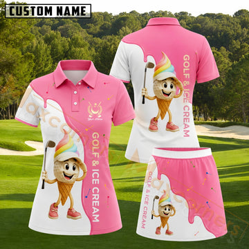 Maxcorners Pink White Ice Cream Golfer Personalized Name 3D Golf Shirt and Golf Skirt