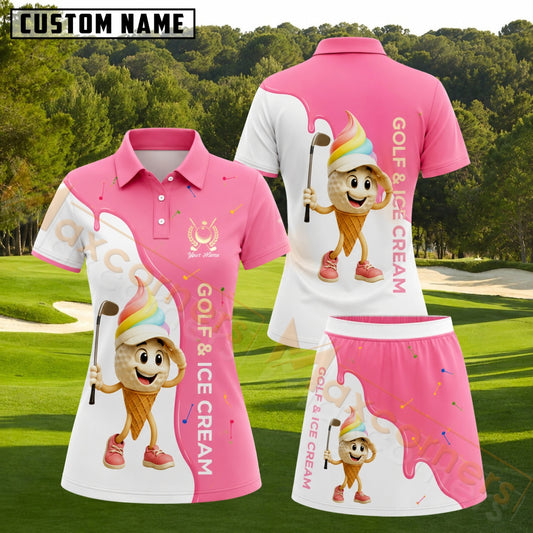 Maxcorners Pink White Ice Cream Golfer Personalized Name 3D Golf Shirt and Golf Skirt