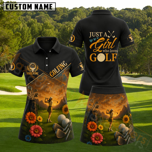 Maxcorners Black Orange Sunset Floral Female Golfer Personalized Name 3D Golf Shirt and Golf Skirt