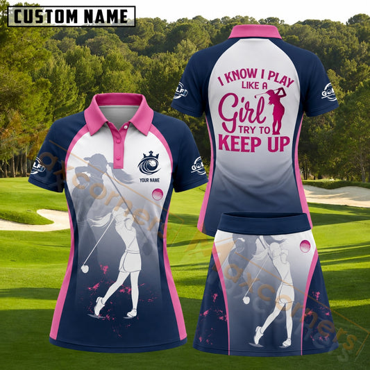 Maxcorners Navy Blue Pink White Female Golfer Keep Up Personalized Name 3D Golf Shirt and Golf Skirt