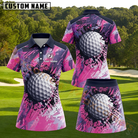 Maxcorners Navy Blue Pink Purple Paint Splash Golf Ball Personalized Name 3D Golf Shirt and Golf Skirt