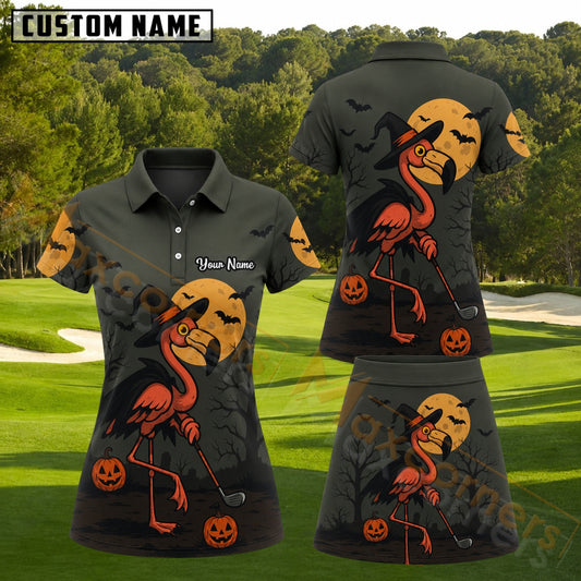 Maxcorners Dark Green Orange Halloween Witch Flamingo Golfer Personalized Name 3D Golf Shirt and Golf Skirt