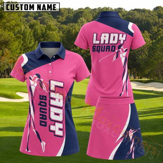 Maxcorners Pink Navy Blue Lady Squad Female Golfer Personalized Name 3D Golf Shirt and Golf Skirt
