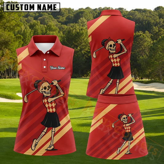 Maxcorners Red Beige Skeleton Lady Golfer Personalized Name 3D Golf Shirt and Golf Skirt