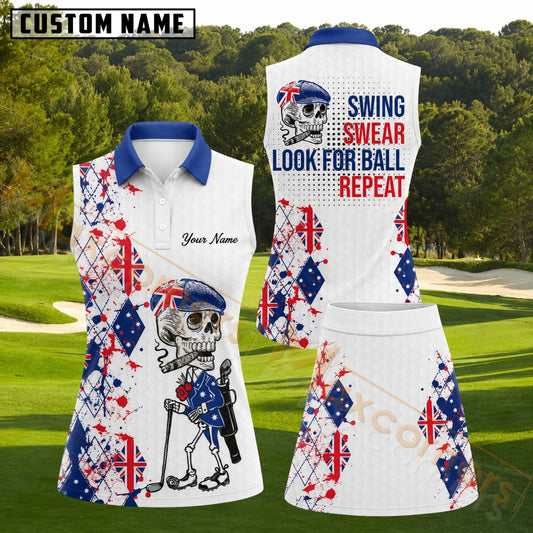 Maxcorners White Australian Flag Skull Paint Splatter Golf Personalized Name 3D Golf Shirt and Golf Skirt