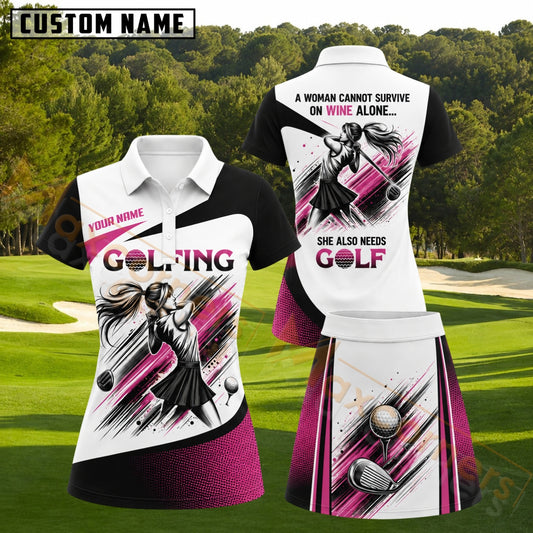 Maxcorners Black White and Hot Pink Female Golfer Personalized Name 3D Golf Shirt and Skirt