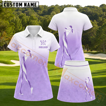 Maxcorners Lavender Gradient Golf Lady Silhouette Personalized Name 3D Golf Shirt and Golf Skirt
