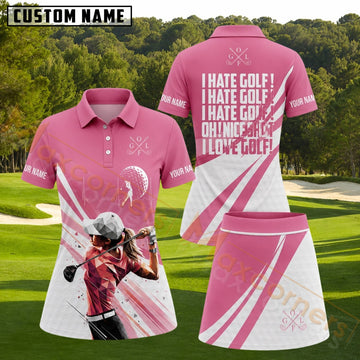 Maxcorners Pink White I Hate Golf I Love Golf Funny Quote Personalized Name 3D Golf Shirt and Skirt