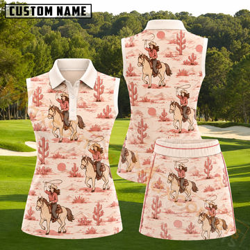 Maxcorners Blush Pink Western Cowgirl and Cactus Pattern 3D Golf Shirt and Skirt (No Personalized Name)