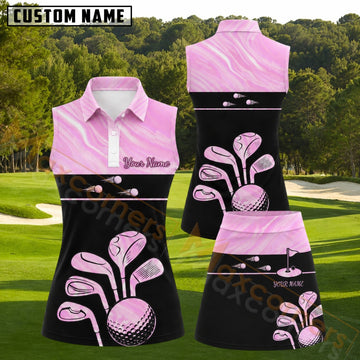 Maxcorners Pink Marble Golf Clubs Personalized Name 3D Golf Shirt and Golf Skirt