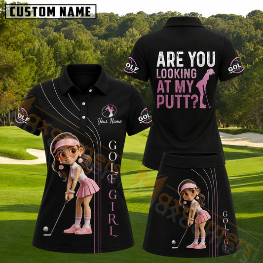 Maxcorners Black Pink Golf Girl Funny Putt Personalized Name 3D Golf Shirt and Golf Skirt