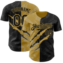 Maxcorners Custom Graffiti Pattern Black-Old Gold 3D Scratch Premium Baseball Jersey LM0210