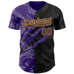 Maxcorners Custom Graffiti Pattern Purple Black-Yellow 3D Scratch Premium Baseball Jersey LM0210