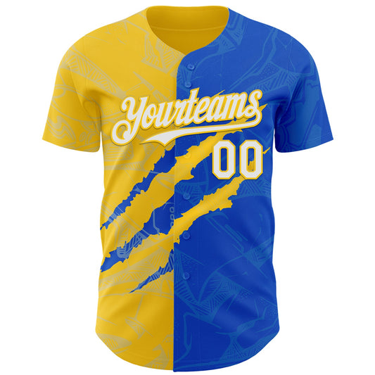 Maxcorners Custom Graffiti Pattern White Thunder Blue-Yellow 3D Scratch Authentic Baseball Jersey LM2605