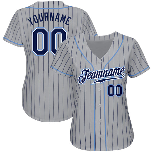 Maxcorners Custom Gray Navy Pinstripe Navy-Light Blue Authentic Baseball Jersey LM2605