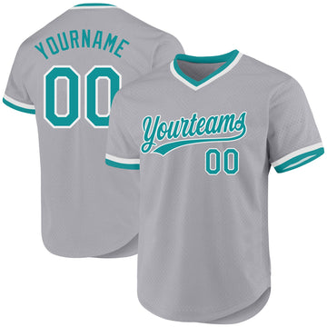 Maxcorners Custom Gray Teal-White Authentic Throwback Baseball Jersey LM2605