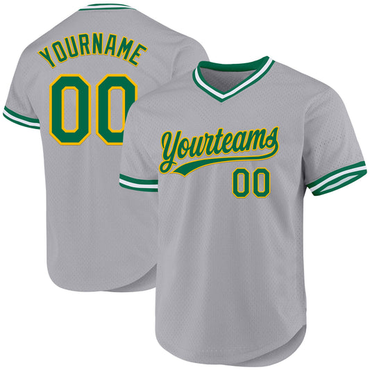 Maxcorners Custom Gray Kelly Green-Gold Authentic Throwback Baseball Jersey LM2605