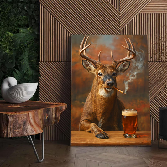 Maxcorners Smoking Deer with Cocktail Glasses Canvas – Funny Hunting Wall Art for Man Caves