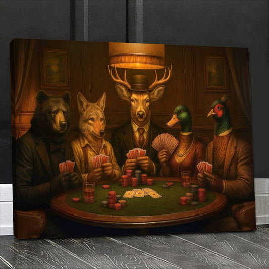Maxcorners The Poker Club – Vintage Animals Playing Cards Wall Art - Rustic Anthropomorphic Canvas Print for Man Cave & Bar Decor