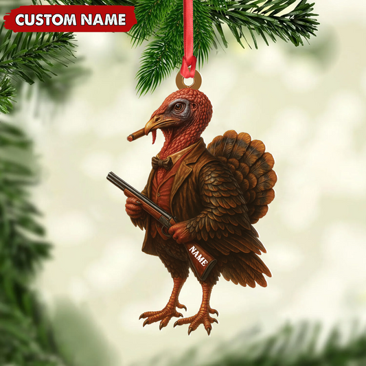 Maxcorners Personalized Funny Turkey Hunter Ornament, Dapper Gobbler with Gun Christmas Decor, Unique Gag Gift for Hunters and Men LM0411