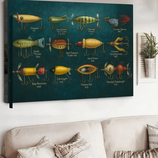 Maxcorners Vintage Fishing Lure Wall Art – Retro Bass Trout Lures Canvas Print for Cabin Lodge Decor