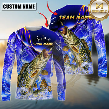 Maxcorners Fishing Ocean Splash Design Sun Protection Personalized Name, Team Name Long Sleeve Shirt