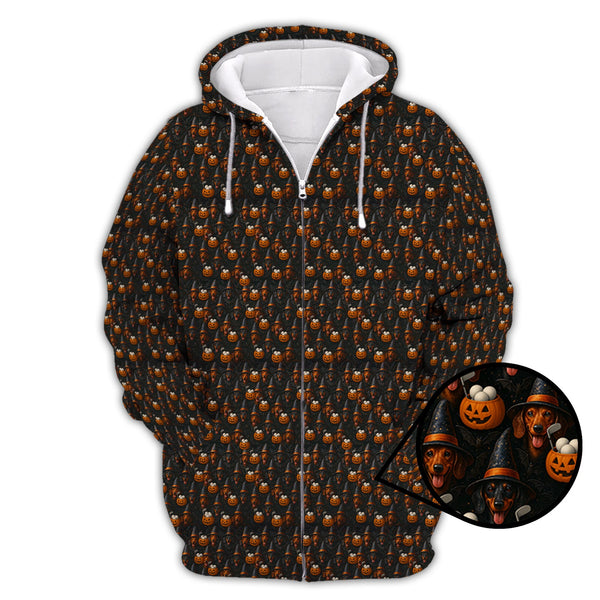 Maxcorners Halloween Dachshund Pattern Golf Shirt, Funny Dog Golf Polos, Spooky Halloween Golf Shirt For Golfer