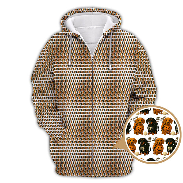 Maxcorners Halloween Golf Shirt, Dachshund Pattern Golf Shirt With Pumpkin And Skeleton, Funny Golf Shirt For Golfer, Dog Golf Shirt