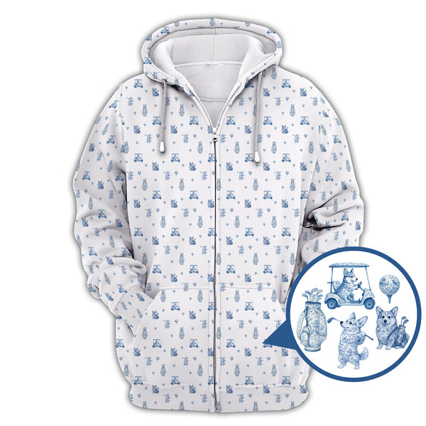 Maxcorners Toile De Jouy Shirt, Pattern Polf Shirt, Dog Golf Shirt, Corgi Golf Shirt, Crazy Golf Shirt For Men