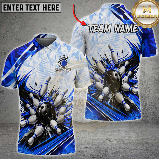 Maxcorners Bowling Exploding Strike Pins Abstract Blue White Geometric Multi Options Personalized Name, Team Name Unisex 3D Shirt (8 Colors)