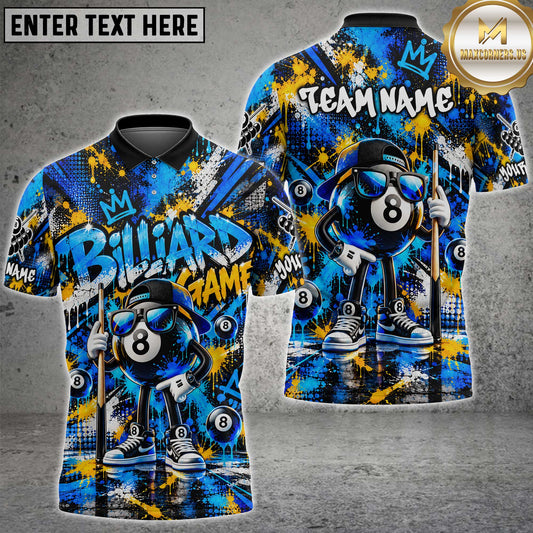 Maxcorners Billiards 8 Ball Cool Cartoon Character Sunglasses Hip Hop Graffiti Splatter Multi Options Personalized Name, Team Name Unisex 3D Shirt (4 Colors)