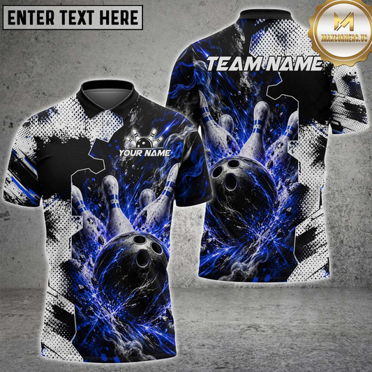 Maxcorners Bowling Polo Shirt Cosmic Bowling Ball and Pins Design Multi Options Personalized Name, Team Name Unisex 3D Shirt (4 Colors)
