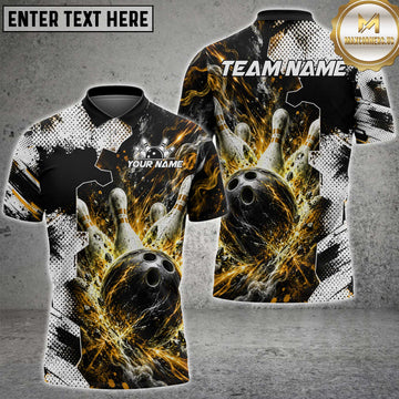 Maxcorners Bowling Polo Shirt Cosmic Bowling Ball and Pins Design Multi Options Personalized Name, Team Name Unisex 3D Shirt (4 Colors)