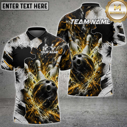 Maxcorners Bowling Polo Shirt Cosmic Bowling Ball and Pins Design Multi Options Personalized Name, Team Name Unisex 3D Shirt (4 Colors)